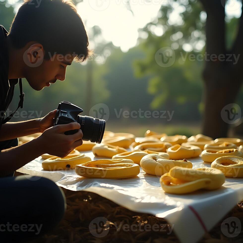 Photographer Taking Pictures of Dough Rings Outdoors in Natural Light photo