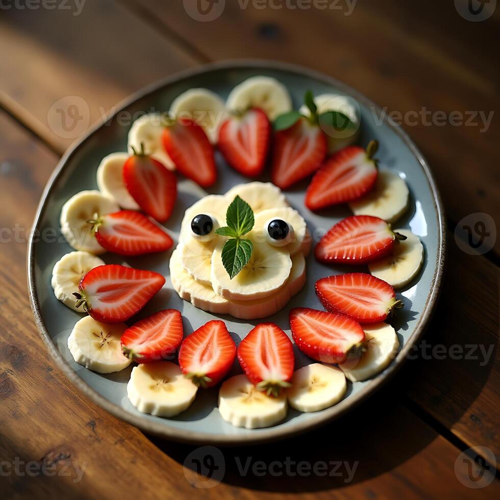 Fun Fruit Plate with Banana Face and Strawberry Decoration photo