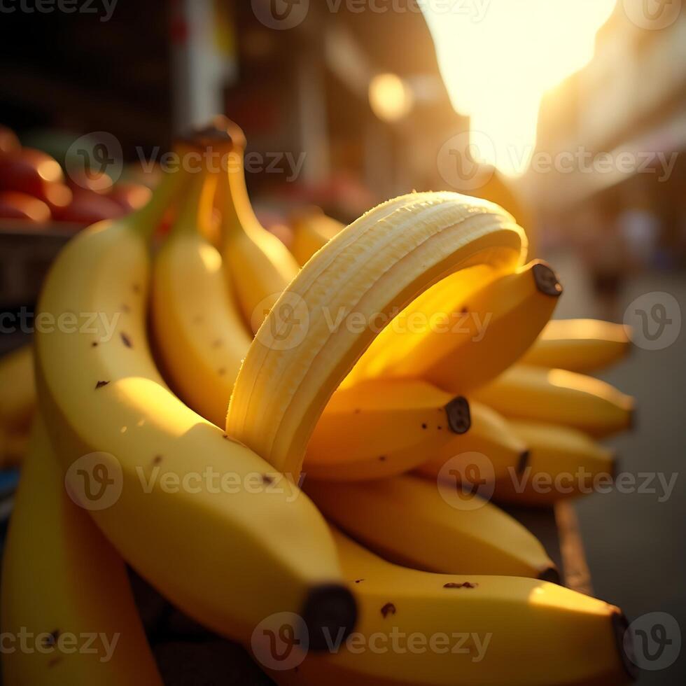 Fresh Bananas Close-up at Outdoor Market with Natural Sunlight photo