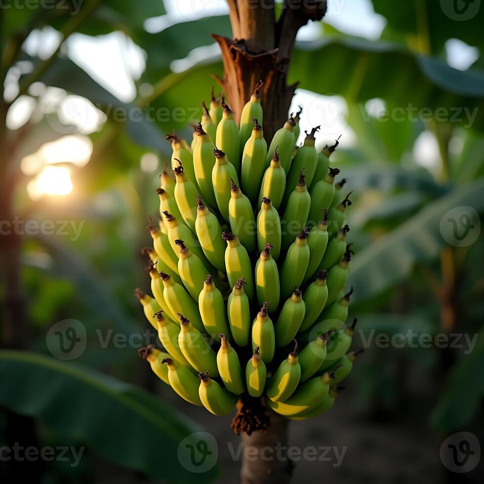 Green Banana Bunch Growing in Sunlight on Banana Plant photo
