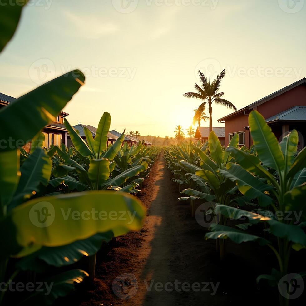 Banana Plantation at Sunrise Rows of Plants Growing in Tropical Setting photo