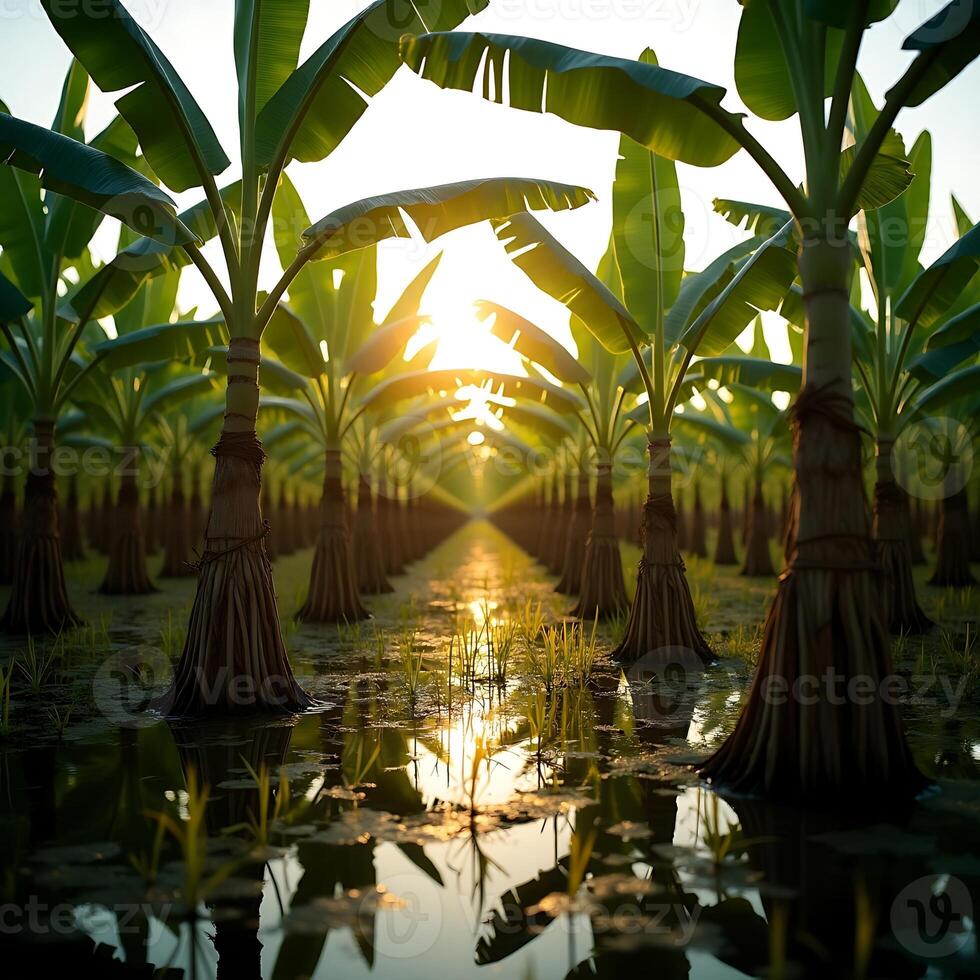 Banana Tree Plantation with Sunset Light and Water Reflections photo