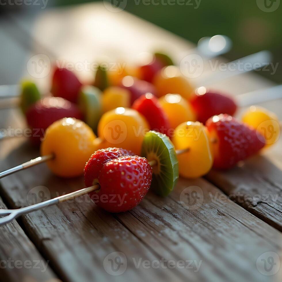 Fruit Skewers with Strawberries Kiwi and Yellow Tomatoes on Wood Surface photo