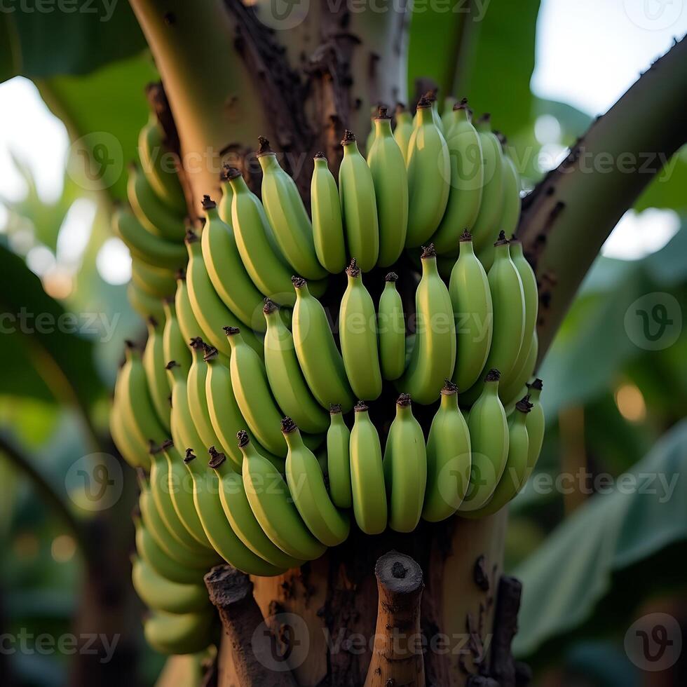 Growing Bananas on Tree Unripe Green Fruit Close Up photo