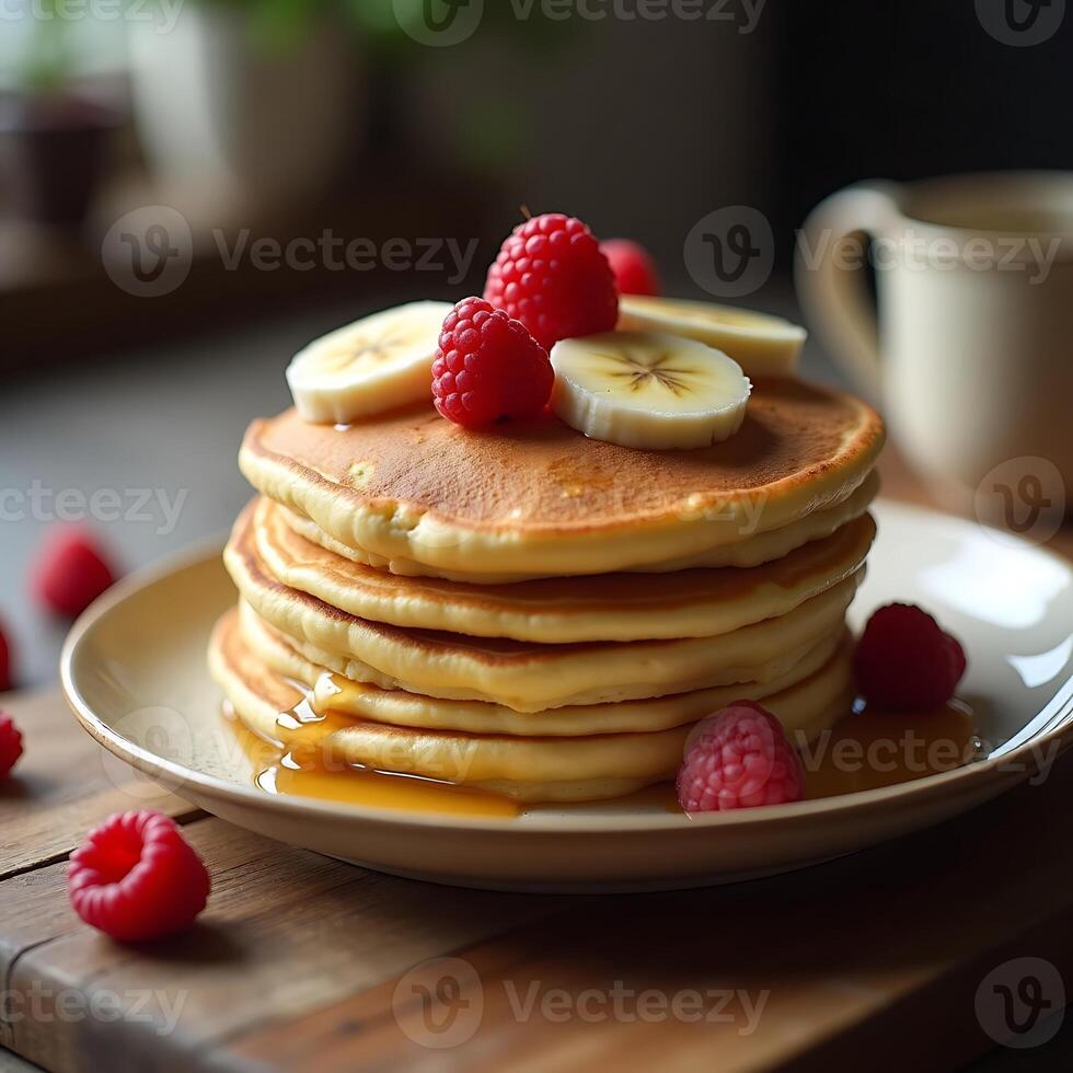 Stack of Pancakes with Banana and Raspberries for Breakfast photo