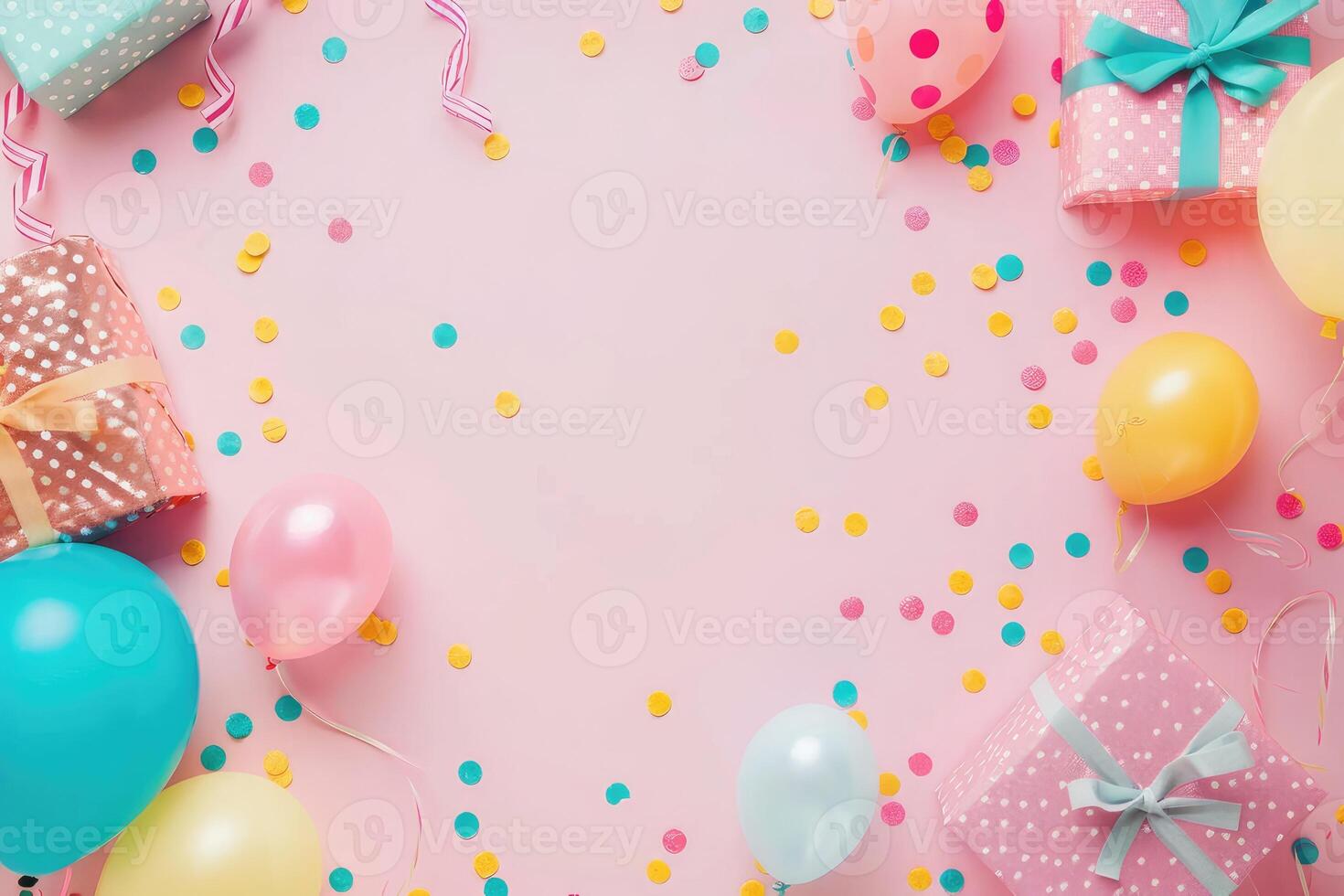 The background has a pink color with colorful balloons and confetti photo