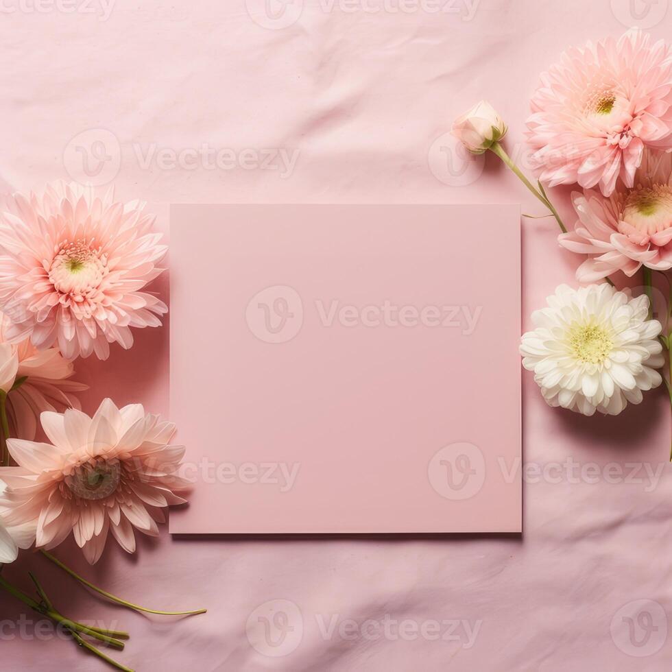 Beautiful pink flowers next to a pink square on cloth photo