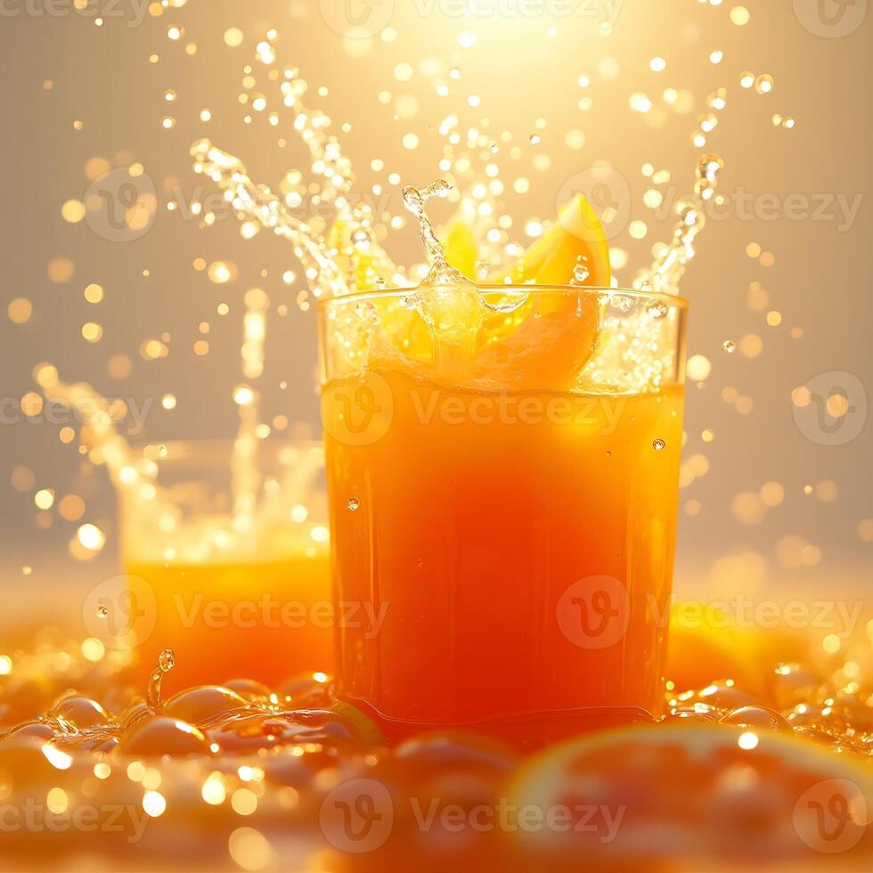 Orange Juice Splashing in Glass with Orange Slice on Top Creating Vibrant Water Droplets photo
