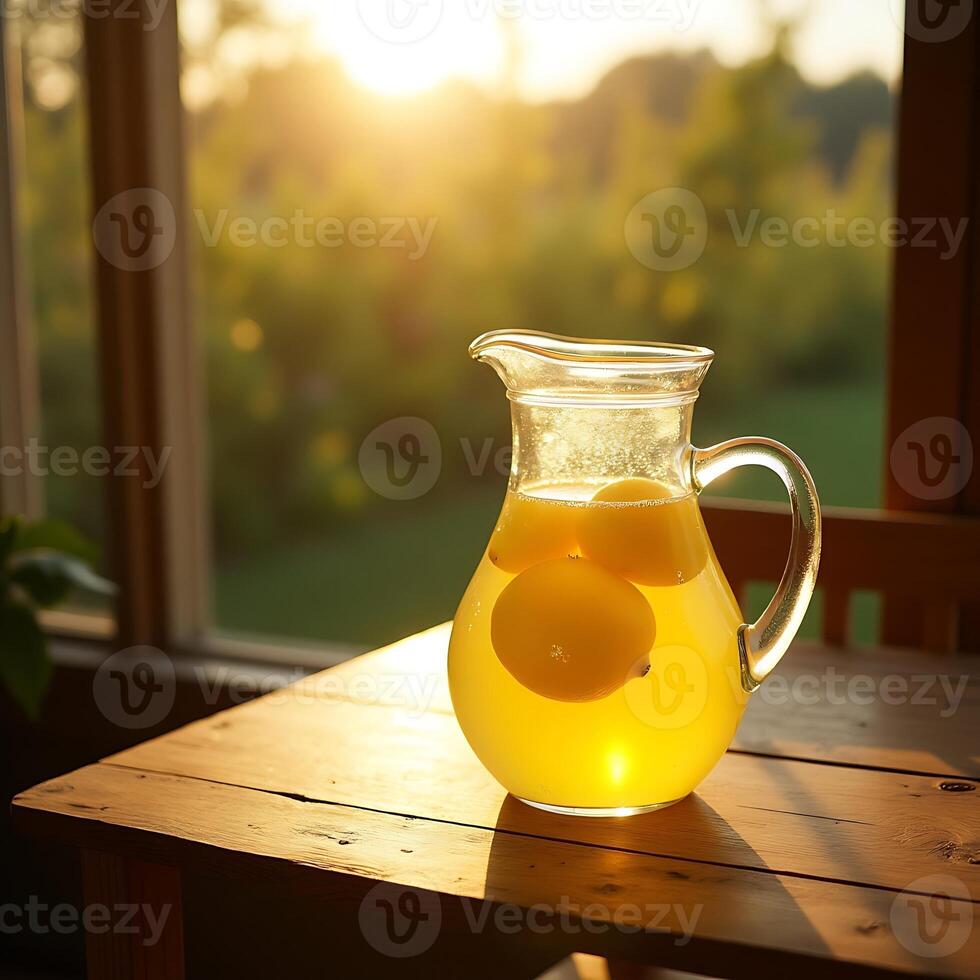 Lemonade Pitcher on Wooden Table at Sunset Fresh and Refreshing Drink photo