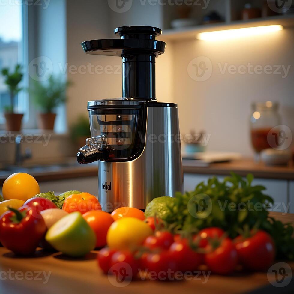 Juice Extractor with Fresh Produce on Kitchen Counter photo