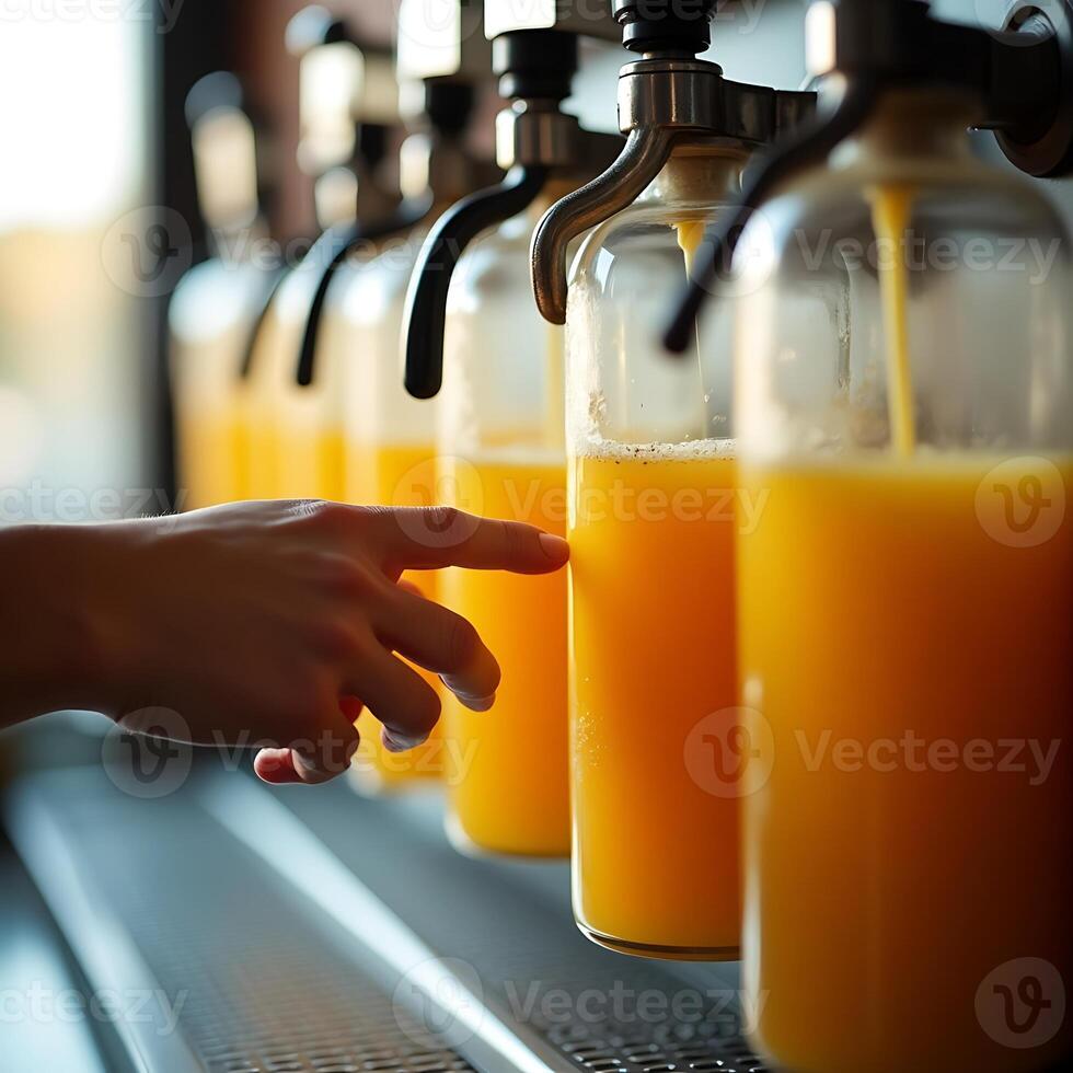 Pouring Orange Juice Into Glass Bottles with Finger Pointing photo