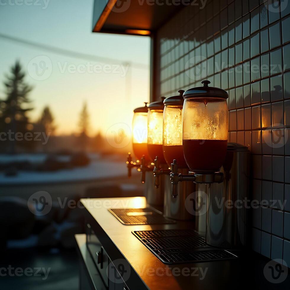 Juice Dispensers Lined Up Reflecting Warm Sunlight in Morning photo