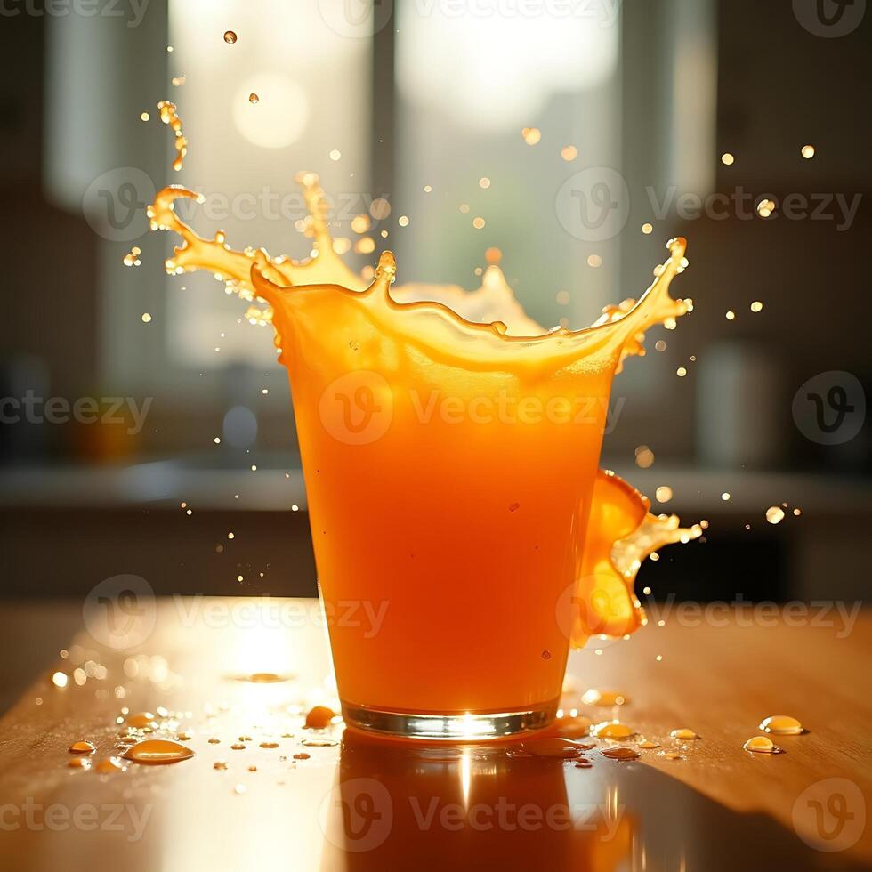 Orange Juice Splashing Out of a Glass on a Wooden Table photo