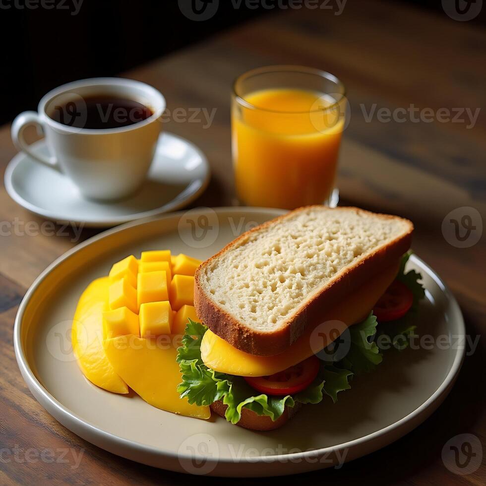 Healthy Breakfast Plate with Sandwich, Mango, Juice and Coffee photo