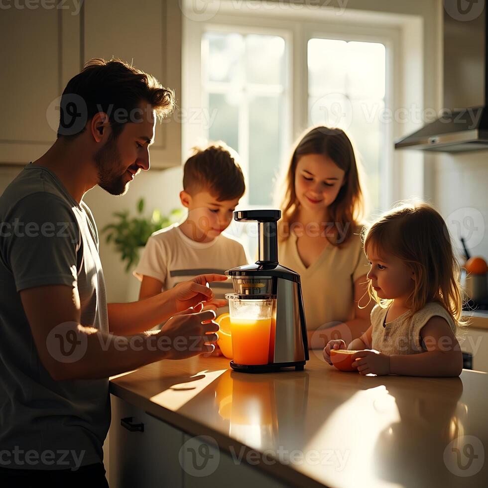 Family Making Fresh Juice Together in Kitchen with Juicer photo