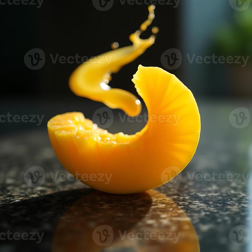 Peach Slice with Splash of Juice on Dark Countertop photo