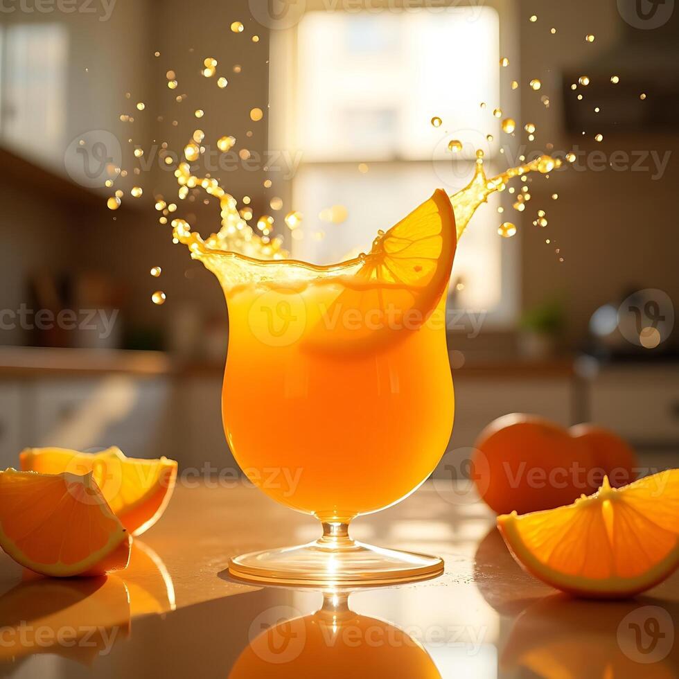 Orange Juice Splashing in Glass with Slice for Refreshment photo