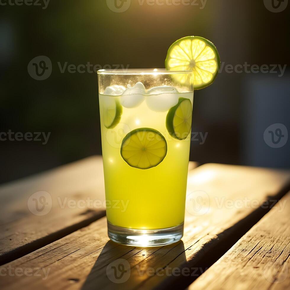 Refreshing Lemonade Drink with Lime and Ice on Wooden Table photo