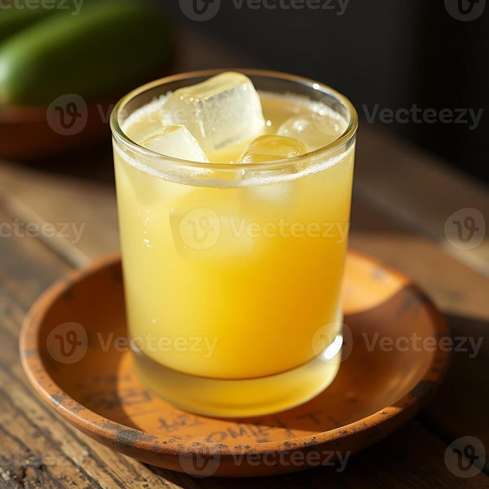 Refreshing Cold Drink with Ice Cubes on Wooden Table photo