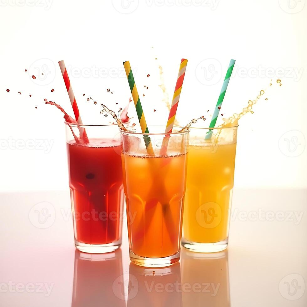Colorful Fruit Drinks with Straws Creating Splashes photo
