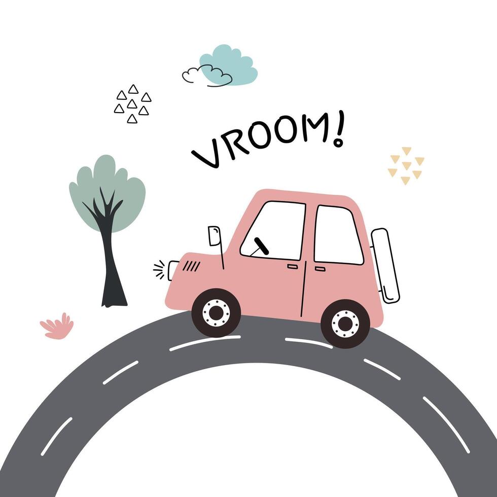 Pink car happily travels along a winding road flat style isolated on white background. Poster for boys with a transport vehicle. illustration vector