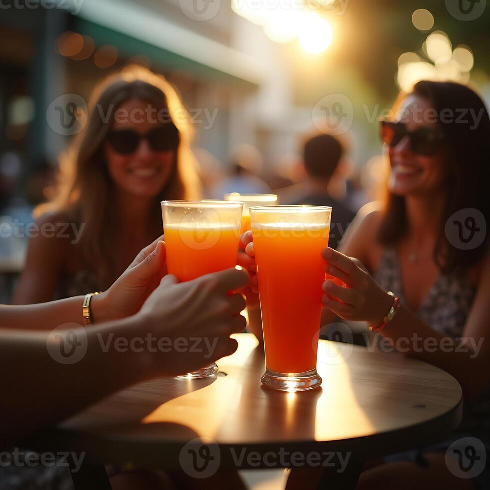 People Toasting with Orange Drinks at Outdoor Cafe During Sunset photo