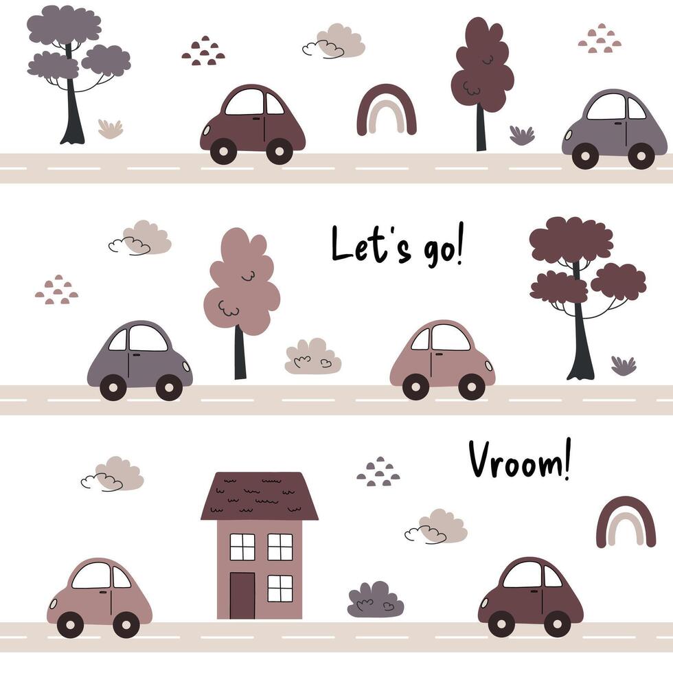 Seamless pattern for kids boys with cars, road, trees in flat doodle style. Kids car background. Perfect for children's textiles.Scandinavian style vector