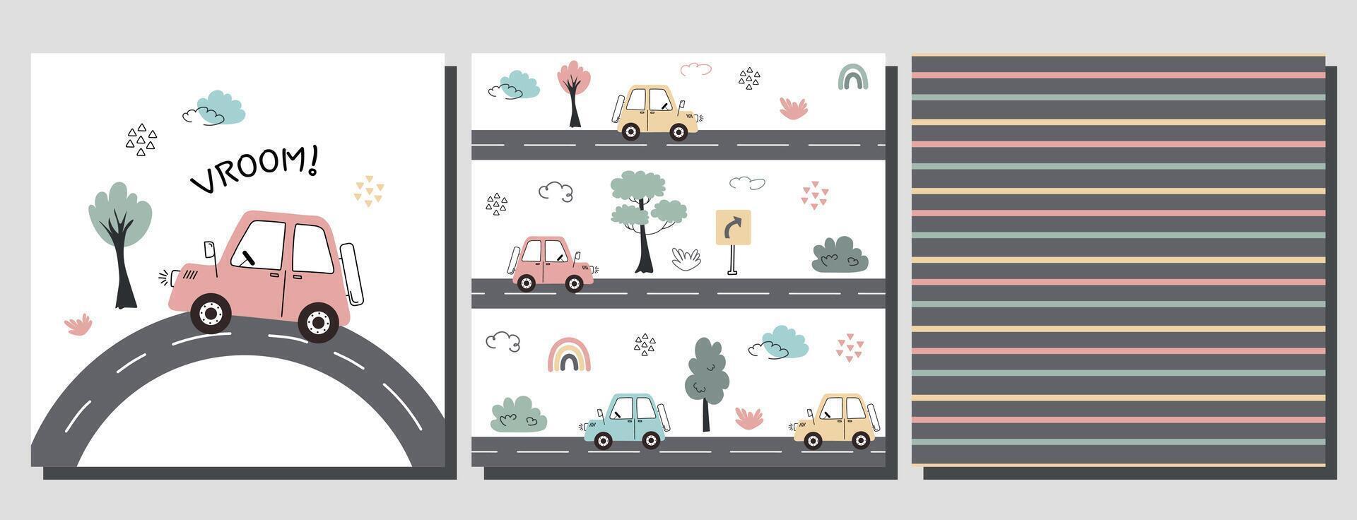 Seamless pattern set featuring pastel cars, roads, trees, signs, and colorful stripes. vector