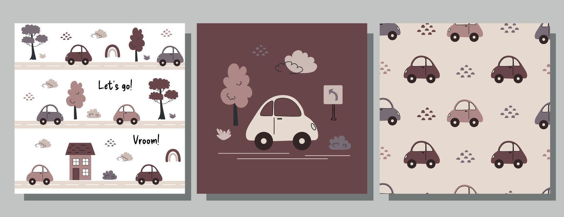 Seamless pattern set with cars, trees, road signs, and clouds in muted beige and purple tones, ideal for kids' designs and nursery decor vector