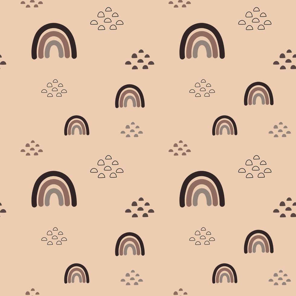 A playful arrangement of various rainbows and abstract shapes scattered across a beige background creates a joyful and inviting atmosphere. Perfect for children's decor. vector