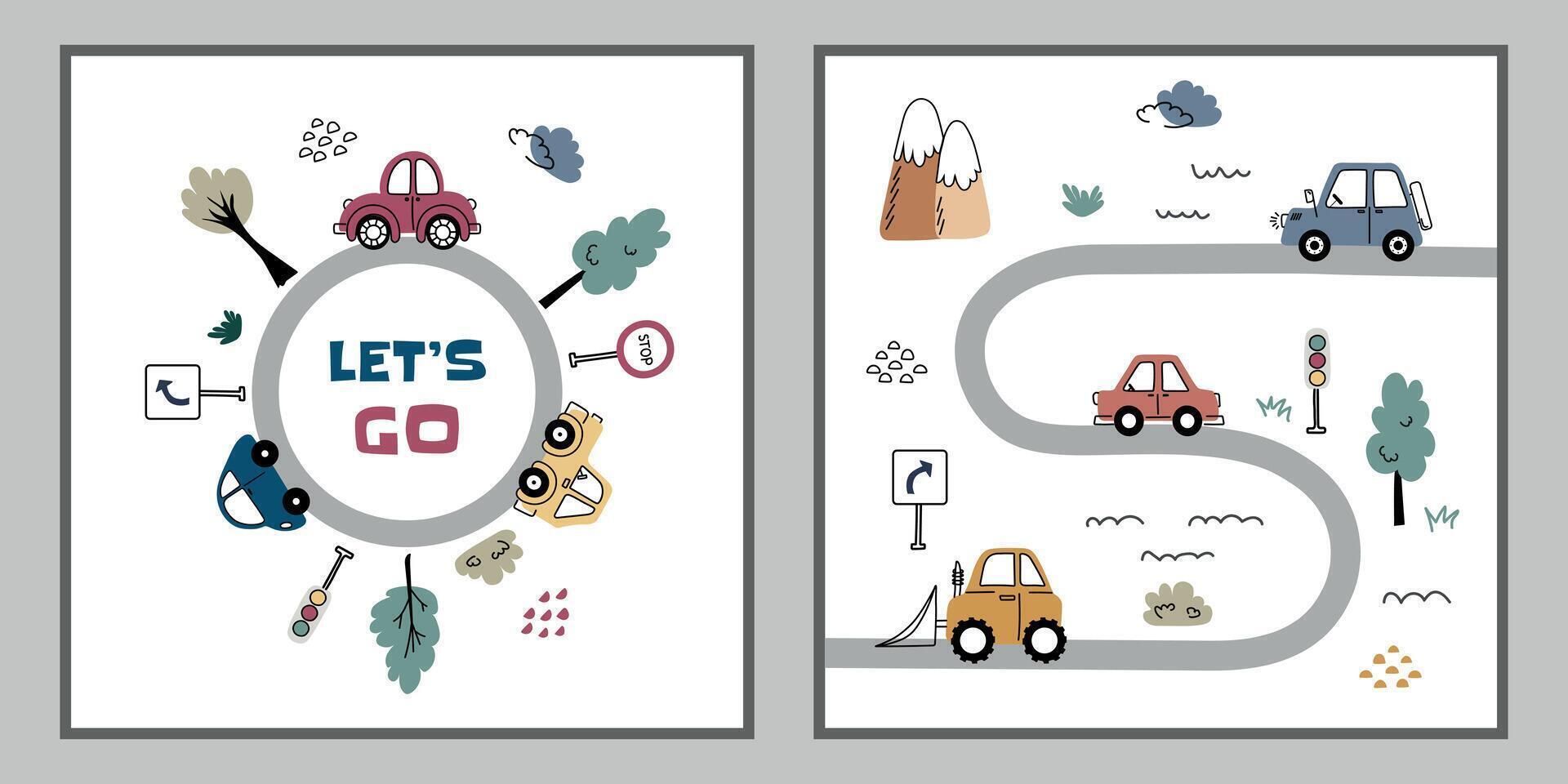 Set of Cars on Circular and Curved Roads. Two-panel illustration featuring cute cars on circular and curved roads with traffic signs, trees, clouds, and the phrase Let's Go in a playful design vector