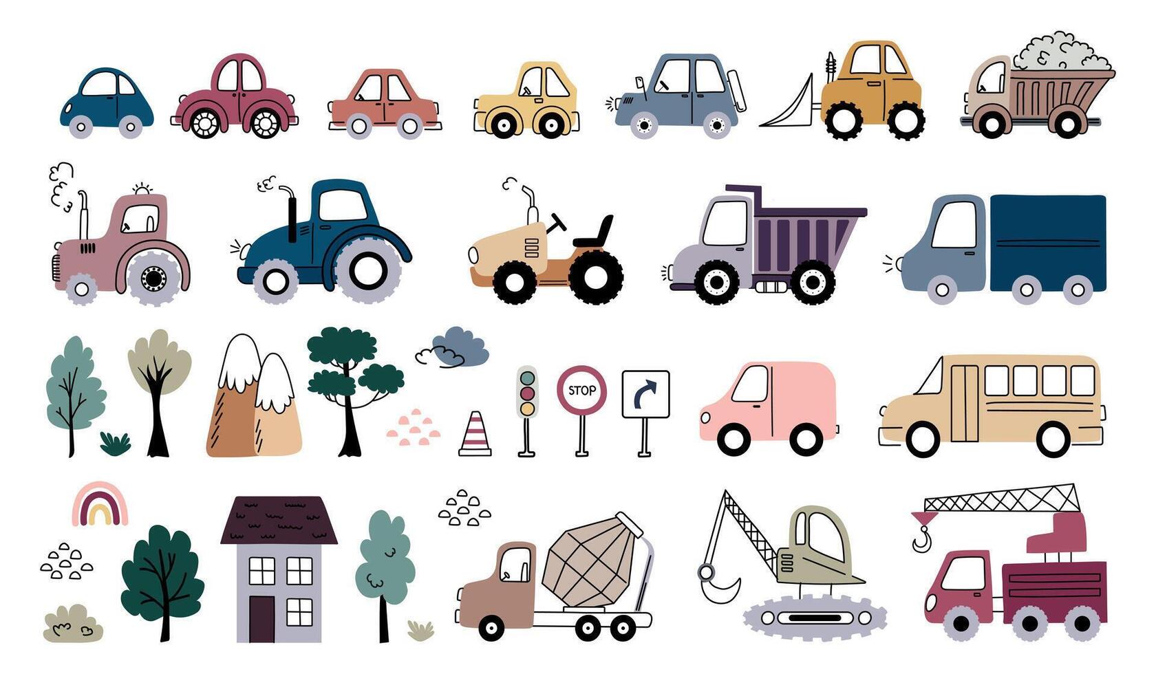 Cute Vehicles and Construction Icons Set. Set of hand-drawn cars, trucks, tractors, construction vehicles, road signs, trees, and buildings in playful doodle style vector