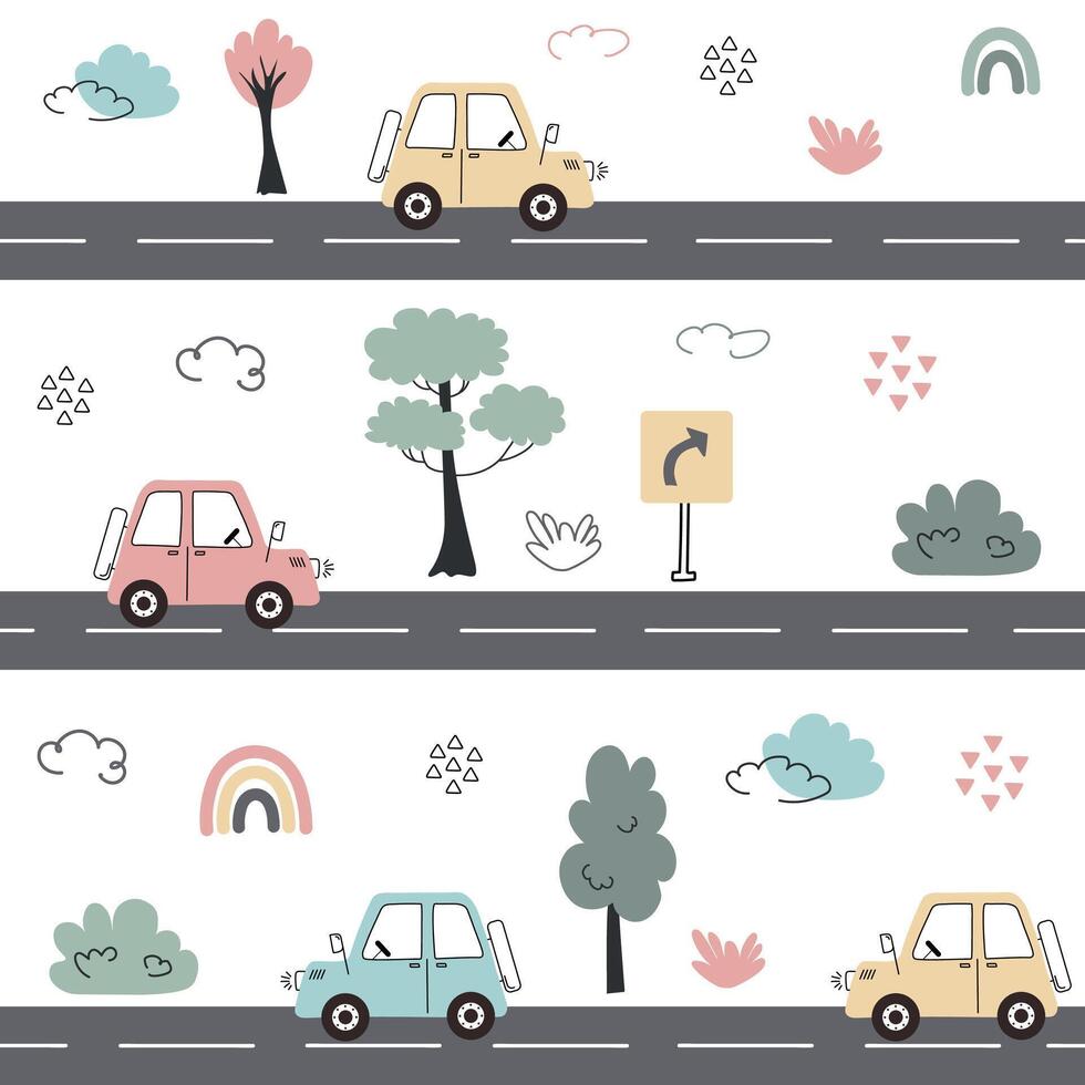 Seamless pattern for kids boys with cars, road, trees in flat hand drawn style. Kids car background. Perfect for children's textile. vector