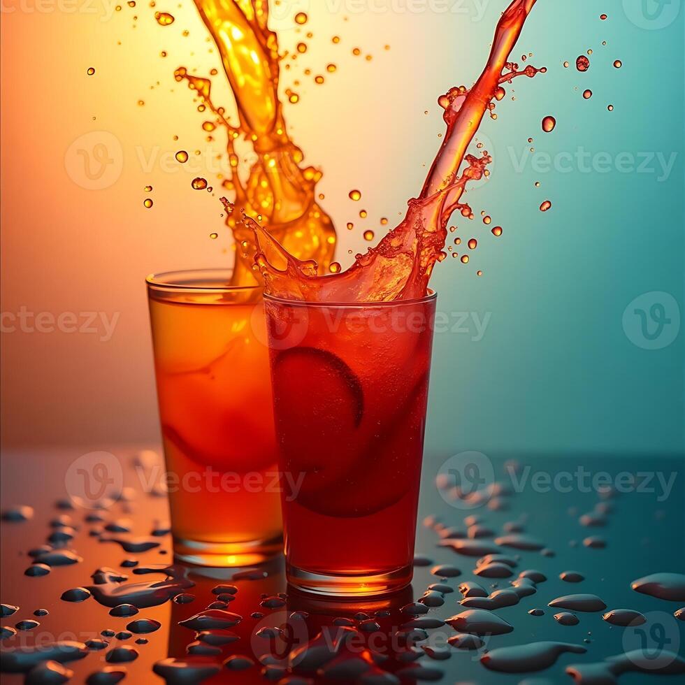 Pouring Refreshing Drinks with Splashes and Water Droplets photo