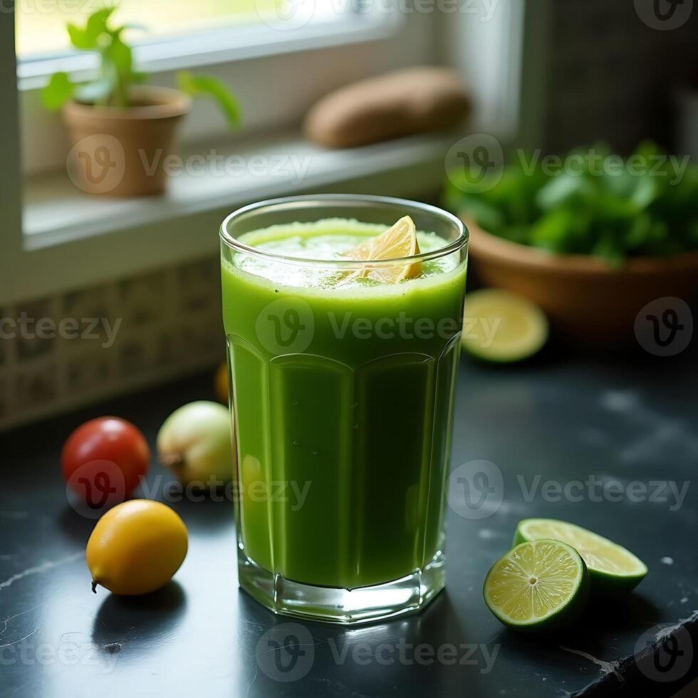 Green Smoothie in Glass with Citrus Slice on Kitchen Counter photo