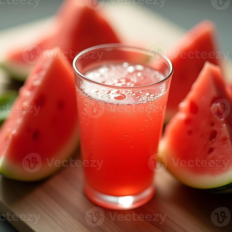 Refreshing Watermelon Juice with Slices on Wooden Board photo