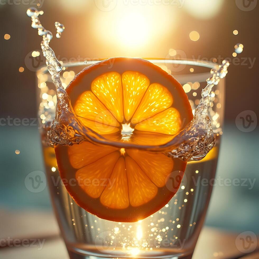 Orange Slice Plunging Into Sparkling Water Glass at Sunset photo