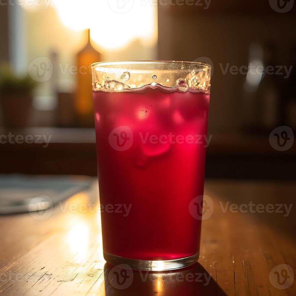 Refreshing Red Drink with Ice on Table, Warm Sunlight photo