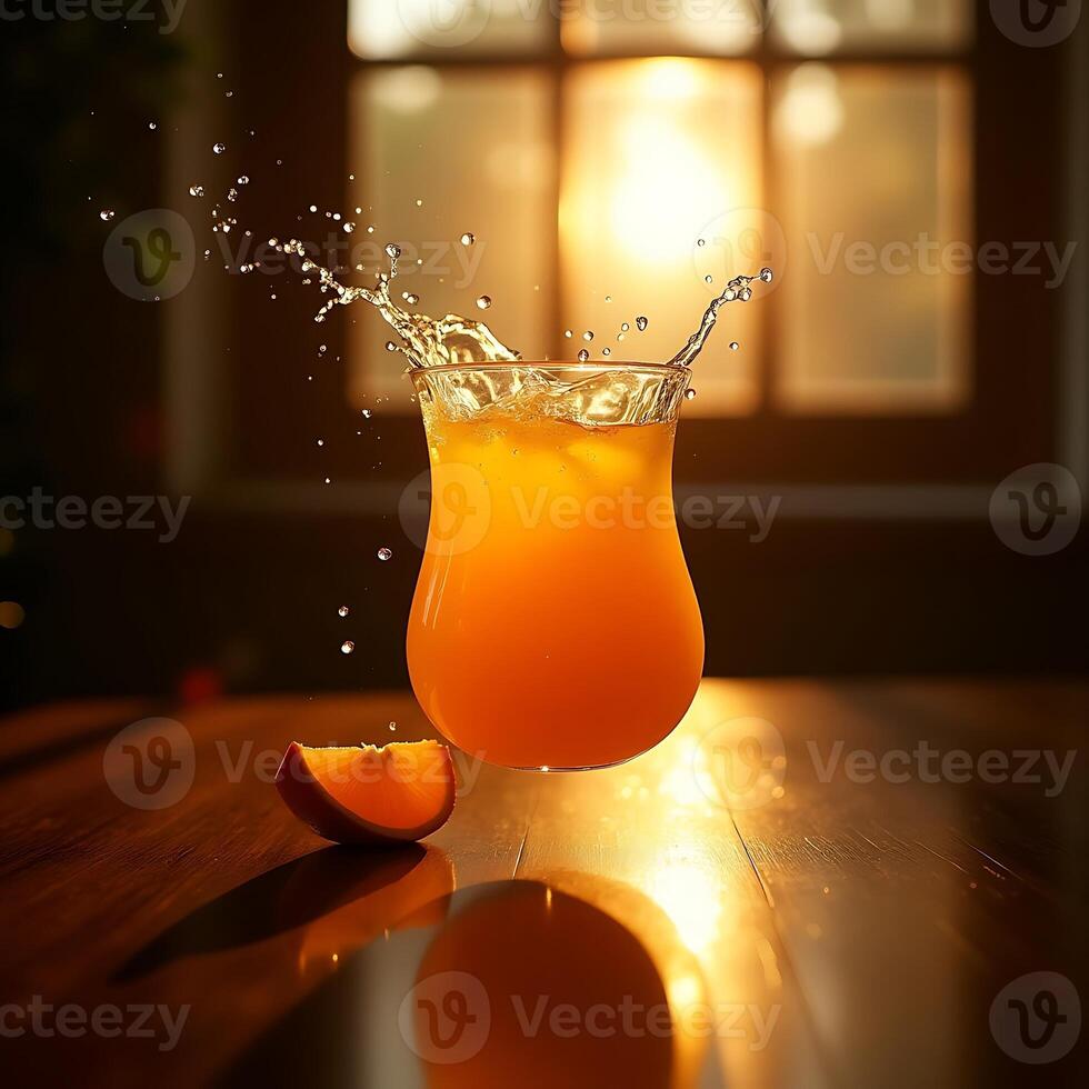 Orange Juice Splashing in Glass with Fruit Slice on Wood Table photo