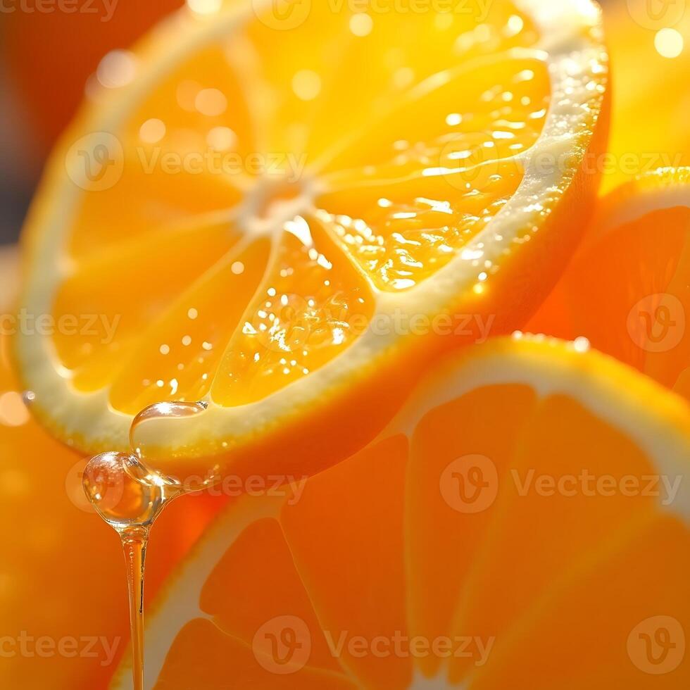 Fresh Orange Slice with Dripping Liquid Close Up photo