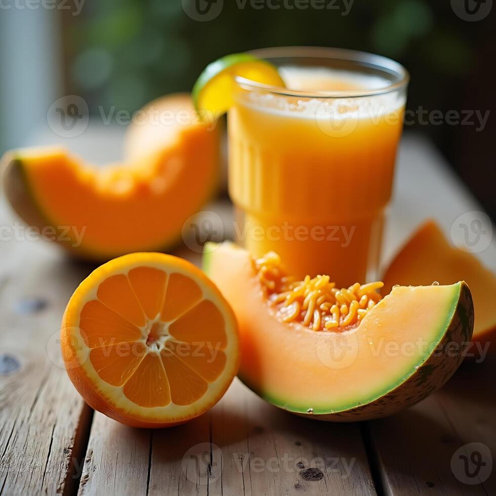 Preparing Fresh Orange and Melon Juice on Wooden Table photo