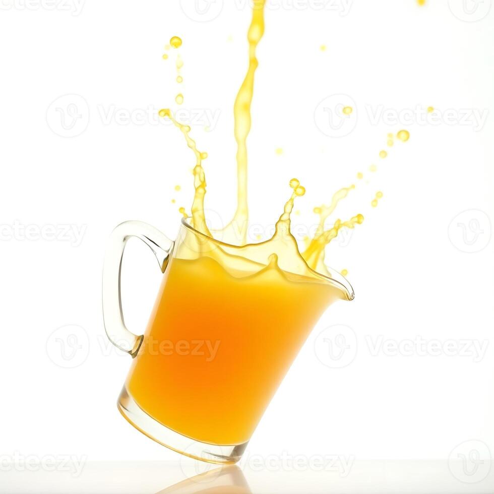 Pouring Orange Liquid Into a Glass Pitcher with Splashes photo