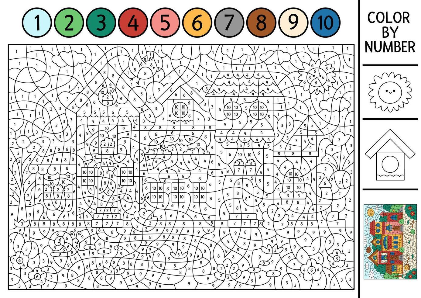 color by number activity with city scene with beautiful house surrounded by garden. Black and white counting game with little town landscape and special technics. Coloring page for kids vector