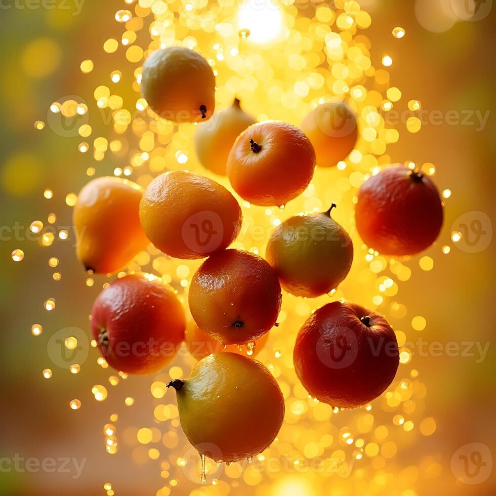 Floating Assorted Fruits with Bokeh Background photo