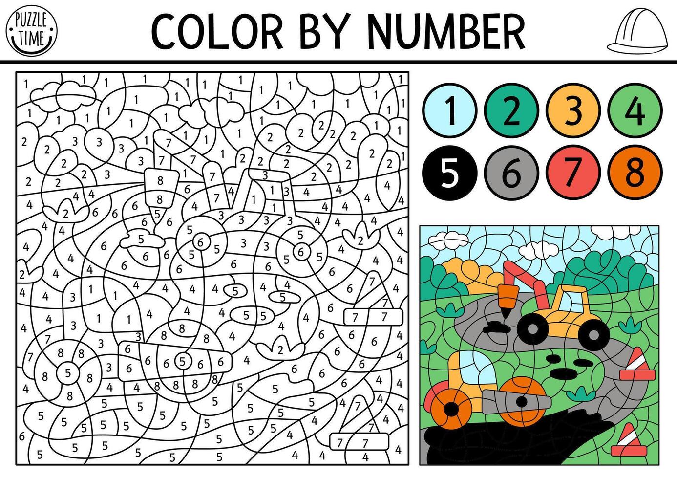 construction site themed color by number activity with trucks repairing road. Black and white counting game with industrial landscape, pavement roller. Coloring page for kids with vehicle vector