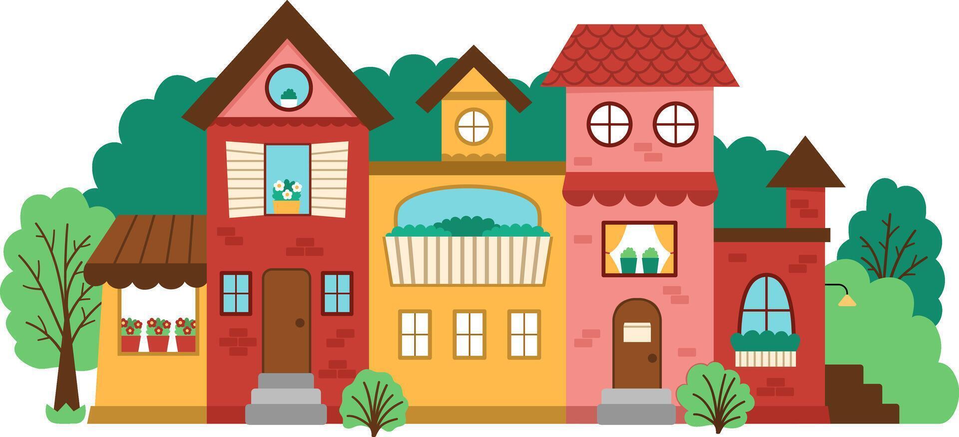 beautiful house surrounded by garden. Residential building line illustration. Cute cottage with flowers. Funny little country, town or city icon with roof, walls, shutters vector