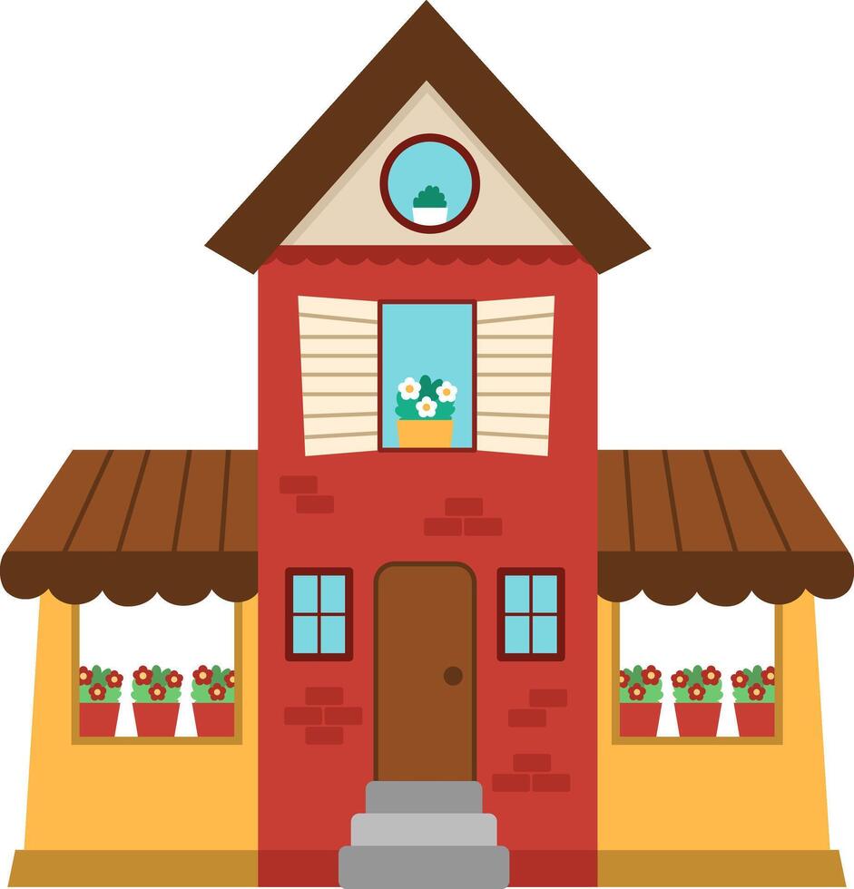 beautiful house icon. Residential building line illustration. Cute cottage with flowers. Funny little country, town or city picture with roof, walls, shutters vector