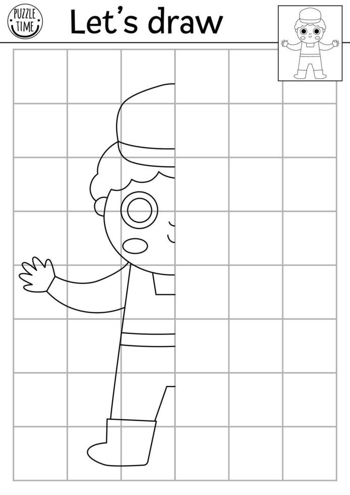 Complete the worker. construction site symmetrical drawing practice worksheet. Printable black and white activity for kids. Copy the picture coloring page with builder in hard hat and uniform vector