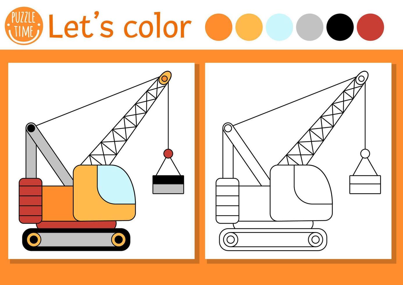 Construction site coloring page for children with crawler crane with load. repair works outline illustration. Color book for kids with colored example. Drawing skills printable worksheet vector