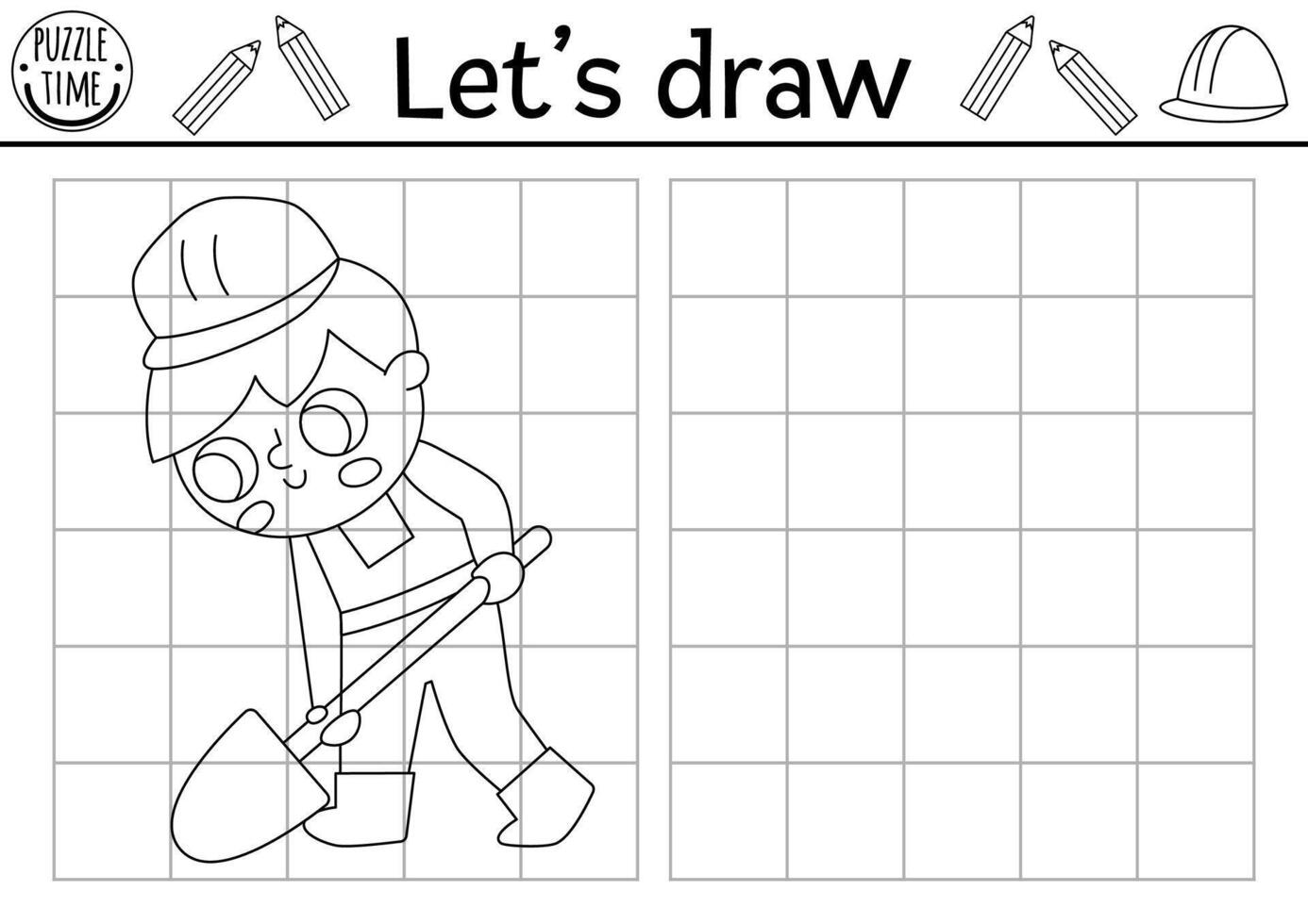 Draw the worker. construction site drawing practice worksheet with builder digging with spade. Printable black and white activity for kids. Copy or complete the picture coloring page vector